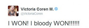 Wpis Victorii Coren na Twitterze tuż po zwycięstwie!
