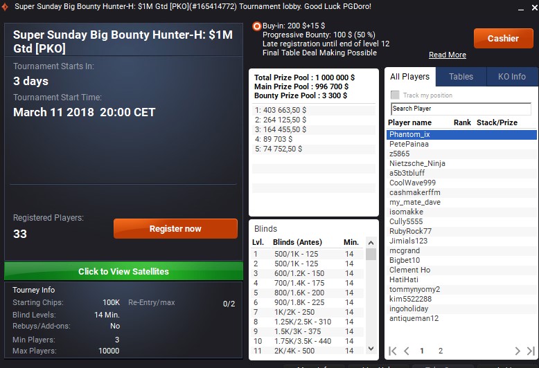 PartyPoker Super Sunday Big Bounty Hunter 1M$ gtd