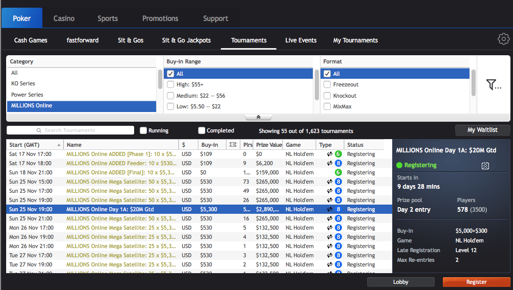 MILLIONS Online - Lobby