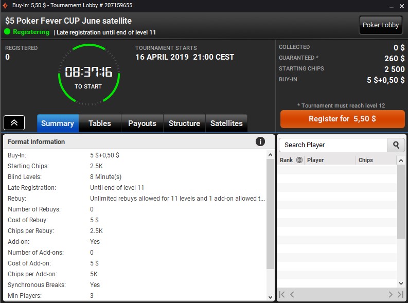 Satelita Poker Fever CUP - czerwiec