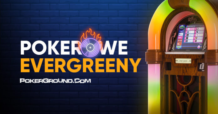 Pokerowe evergreeny: grafika główna z tytułem i zdjęciem szafy grającej