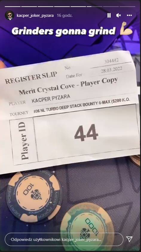 Media społecznościowe Kacpra Pyzary (zdjęcie przedstawia bilet do eventu Turbo Deep Stack Bounty) 
