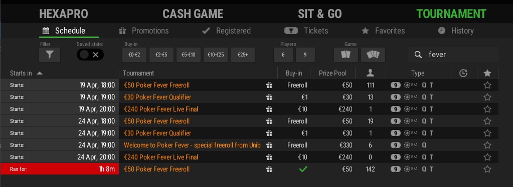 Satelity Poker Fever - lobby Unibet