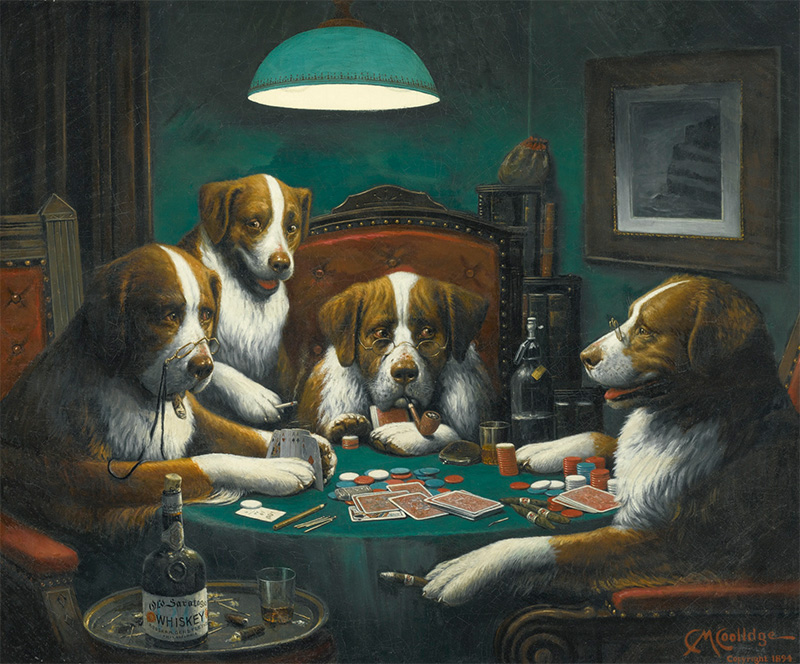 Obraz "Poker game" - pokazuje psy grające w pokera.